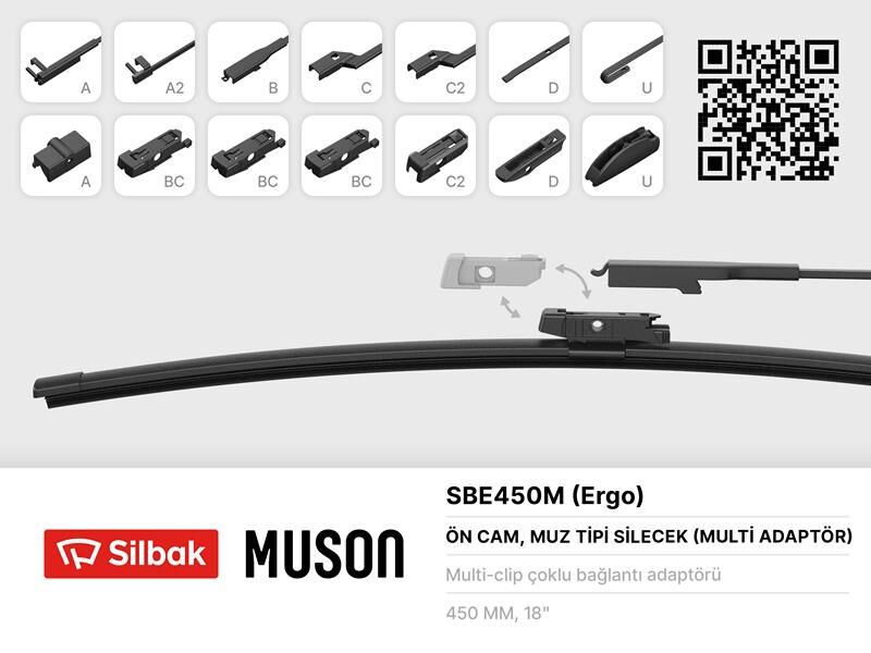 SİLECEK SÜPÜRGESİ MUZ TİPİ 450mm A. BC.C2.D VE U TİPİ KOLLAR ICIN MULTİ ADAPTORLÜ