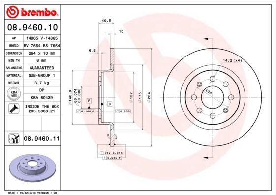 ARKA FREN AYNASI CORSA E 14> ADAM 13> PUNTO EVO-GRANDE PUNTO 05> 264x10x4DLxHAVALI 15 İNÇ 55700592