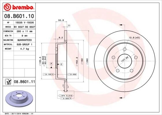 FREN DİSKİ ARKA FORD FOCUS-KUGA-CONNECT 11> ÇAP:280mm MERKEZLEME CAPI 63.5 mm YUKSEKLIK 50.8 mm 5 Delik DIS CAP 279.8