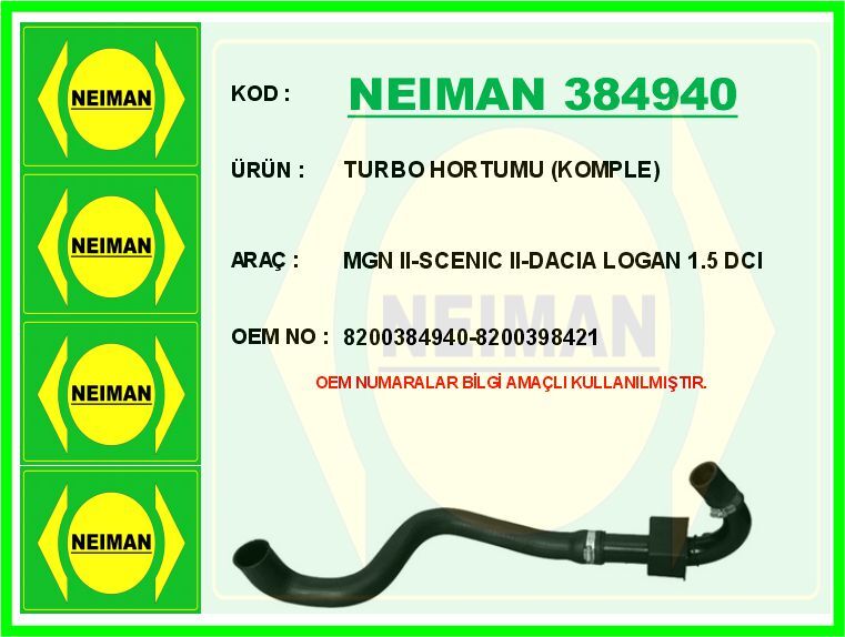 TURBO HORTUMU RENAULT TURBO HORTUMU KOMPLE MEGANE II 02> SCENIC II 02> DACIA LOGAN 06> 1.5dCi