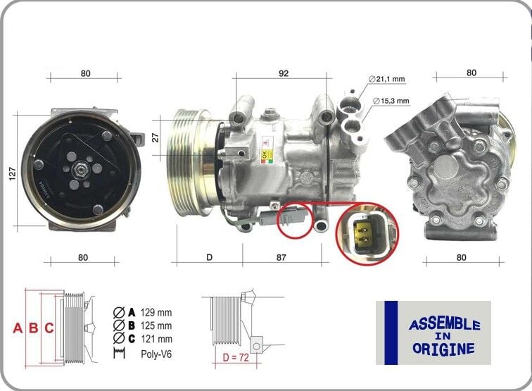 KLİMA KOMPRESÖRÜ RENAULT CLIO III 04>12 KANGOO II 08> MODUS 04> MICRA III 03>10 QASHQAI J10 06>13 1.5dCi K9K 12V 6 KANAL 125MM MERCEDES CITAN W415 12>