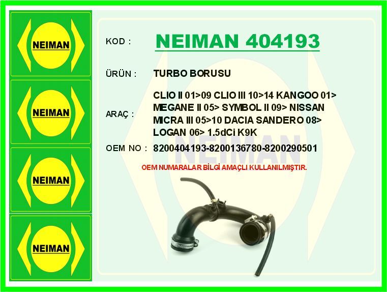 TURBO BORUSU CLIO II 01>09 CLIO III 10>14 KANGOO 01> MEGANE II 05> SYMBOL II 09> NISSAN MICRA III 05