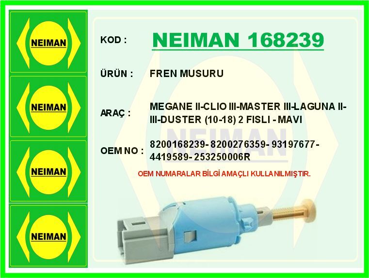 FREN MÜŞÜRÜ RENAULT MEGANE II 02>08 CLIO III 05>12 MASTER III 10> LAGUNA II 01>07 LAGUNA III 07>14 D USTER 10>18 MERCEDES CİTAN W415 MAVİ 2 FİŞLİ