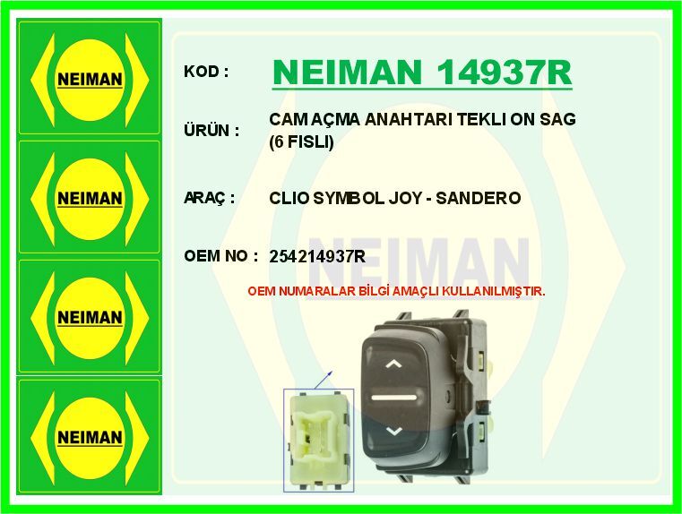 CAM AÇMA ANAHTARI TEKLI ON SAG 6 FISLI CLIO SYMBOL JOY - SANDERO