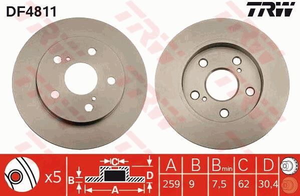 ARKA FREN DİSKİ DOLU TİP TOYOTA AURIS COROLLA 1.6L 1ZR-FE ZRE151 07-> / 1.33L 1NR-FE NRE150 6 vite s 10-> 259 çap x 5 bijon - Takım disk fiyatıdır