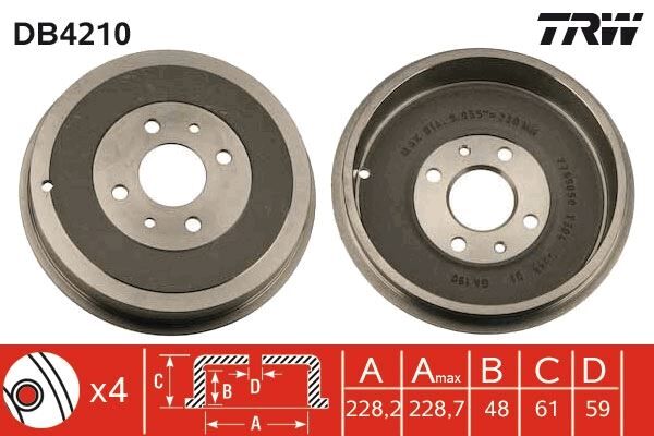 ARKA FREN KAMPANASI FIAT ALBEA 00> DOBLO 01> FIORINO 09> LINEA 09> MAREA 00> TEMPRA 92>96 TIPO 90>95 UNO 98>06 PEUGEOT BIPPER 08> CITROEN NEMO 08> 228.2 mm 4 Delik