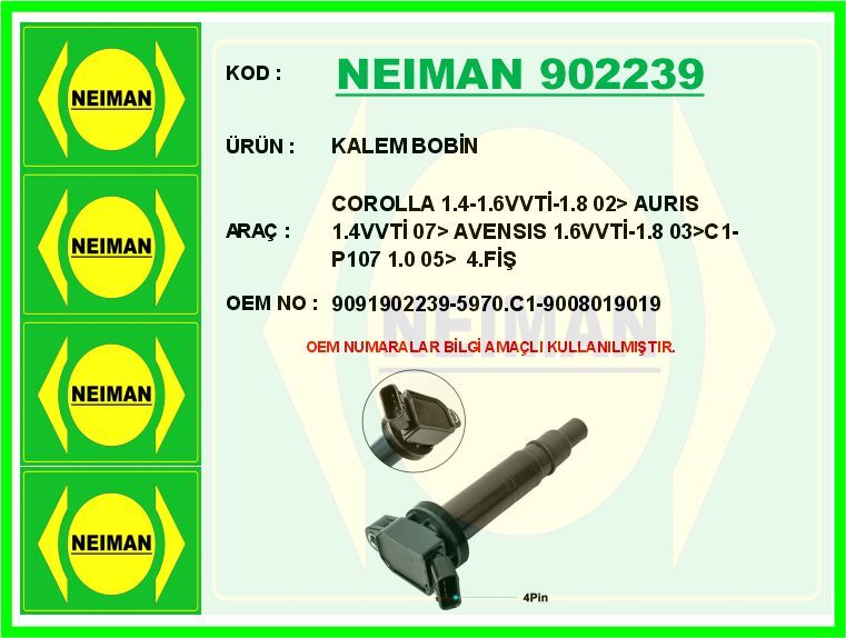 ATEŞLEME BOBİNİ PEUGEOT P107 14> P108 14> CITROEN C1 14> 1.0 VTI 1KR / TOYOTA COROLLA 1.4L 1.6L 4ZZ- FE 3ZZ-FE ZZE112 ZZE120 ZZE121 VVTi 02-06 / AVENSIS 1.6L 3ZZFE ZZT251 VVTi 03-08 4 soketli