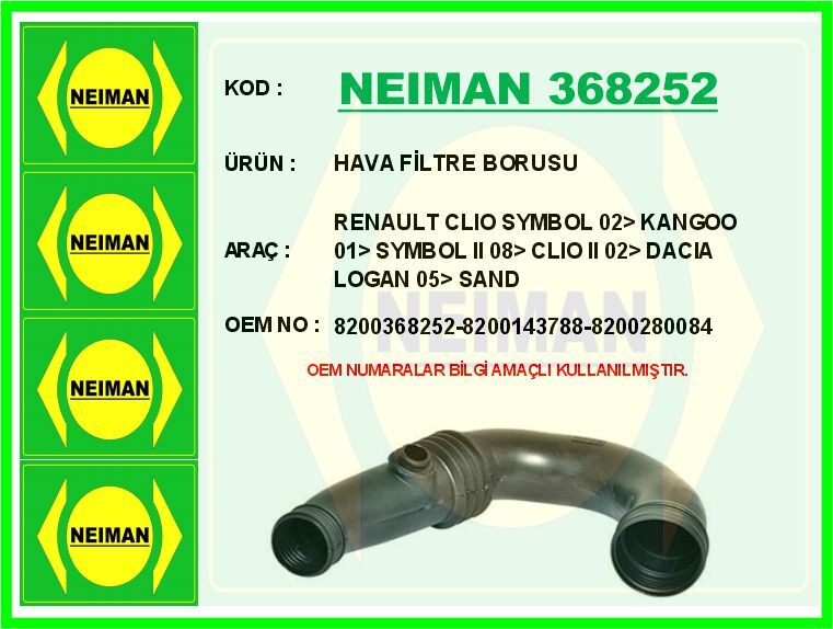 HAVA FİLTRE BORUSU RENAULT CLIO SYMBOL 02> KANGOO 01> SYMBOL II 08> CLIO II 02> DACIA LOGAN 05> SAND