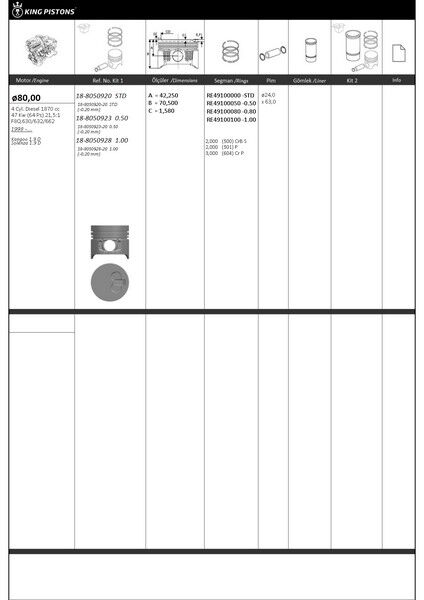 PİSTON KİTİ 1 80 1.00 RENAULT-DACIA KANGOO 1.9 D SOLENZA 1.9 D F8Q.630/632/662