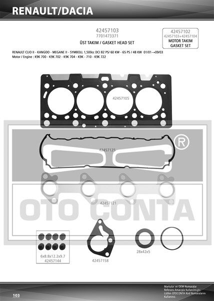 MOTOR TAKIM CONTA MEGANE II 02> CLIO II 98> SCENIC II 03> KANGOO 01> CLIO SYMBOL I 01>09 MICRA III K12 03>10 1.5dCi K9K TEFLON KEÇELİ SUBAP LASTİKLİ SKC Lİ