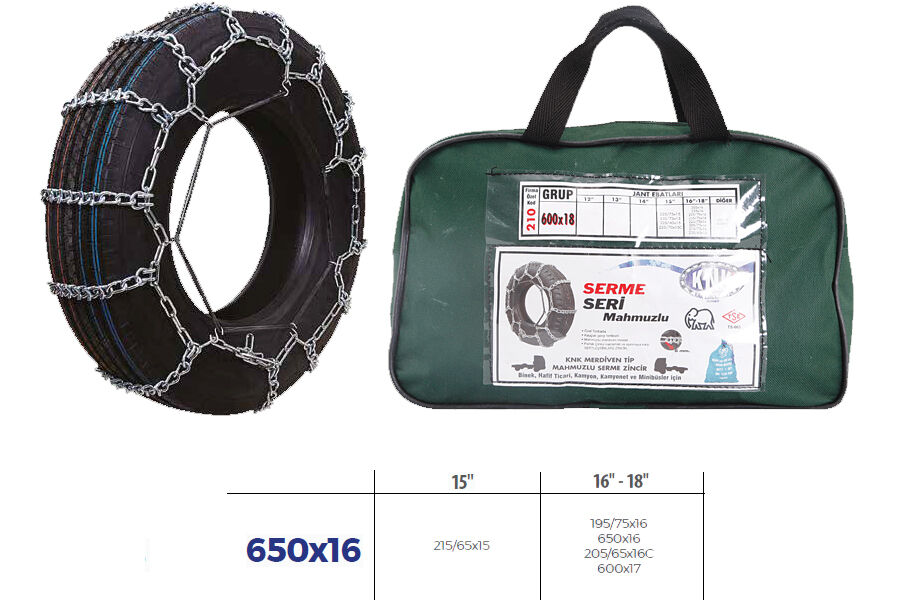 PATİNAJ ZİNCİRİ MİNİBÜS VE KAMYONET SERME 650x16 ZİNCİR EBATLARI İÇİN RESİME BAKINIZ