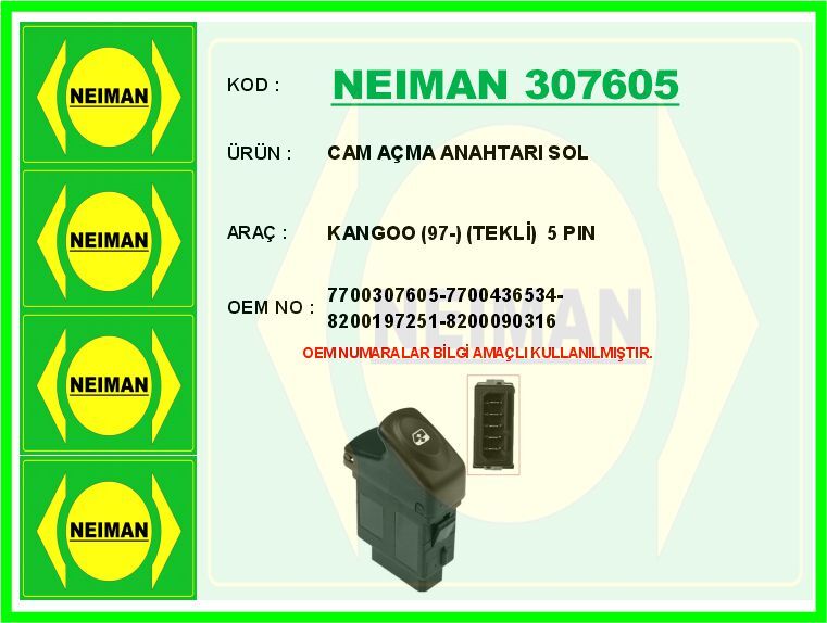 CAM AÇMA ANAHTARI SOL RENAULT KANGOO 97> TEKLİ 5 PİN