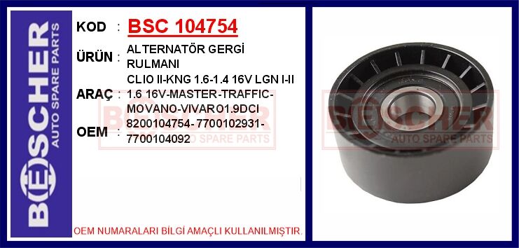 ALTERNATÖR GERGİ RULMANI RENAULT CLIO II 98> KANGOO 97>LAGUNA I-II MASTER II 06>TRAFIC II 06> OPEL MOVANO 06> VIVARO 06> 1.4 1.6 1.9DCI
