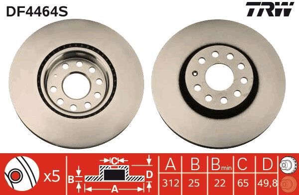 FREN DİSKİ ÖN VW PASSAT-GOLF5-GOLF6-GOLF7-CADDY-A3-LEON-FORD CONNECT 23> ÇAP: 312mm. KALINLIK: 25mm Delik: 5